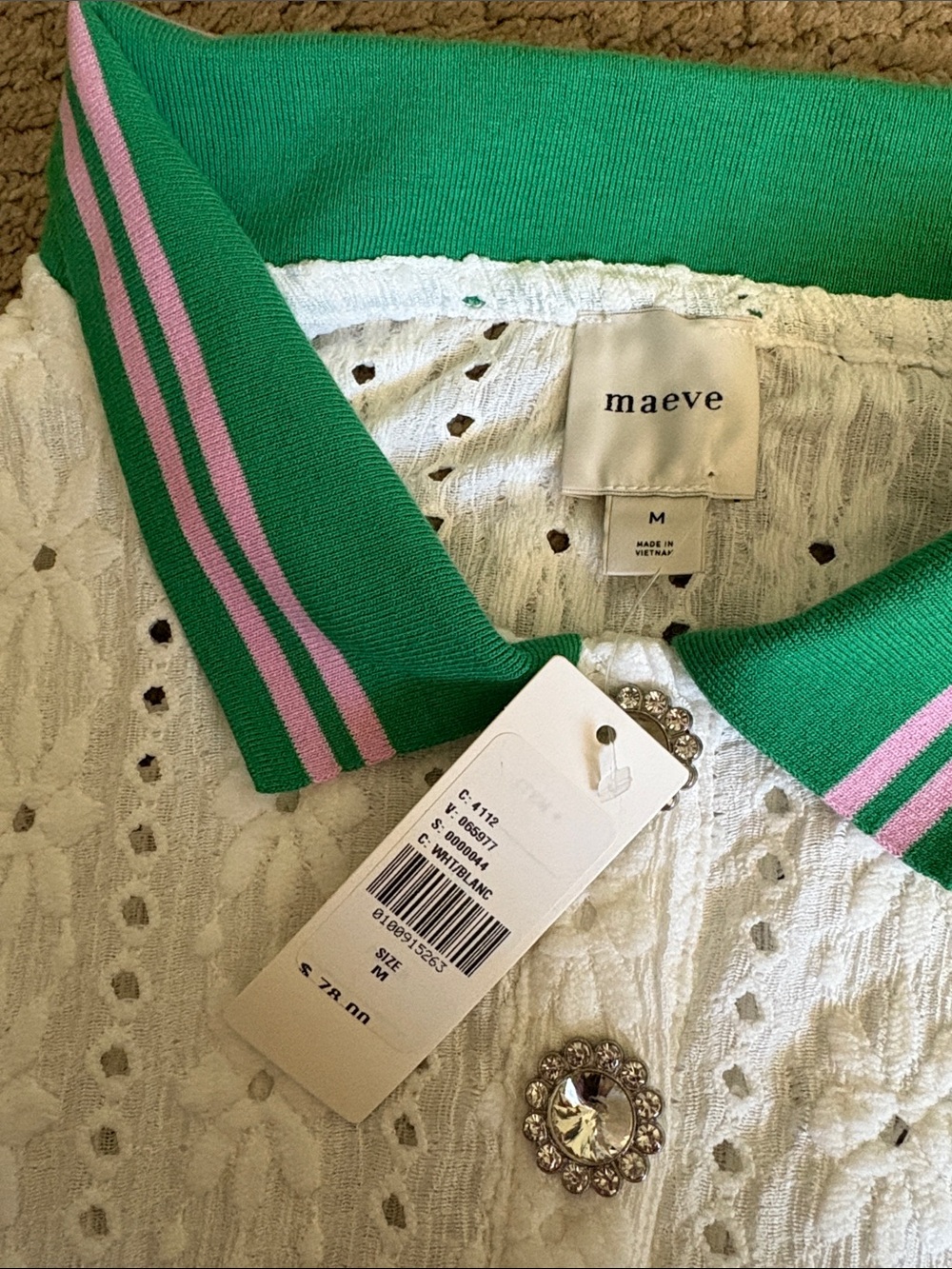 Anthropologie Maeve Puff Sleeve Lace Polo in White Green Size Medium New Tag - Picture 4 of 13